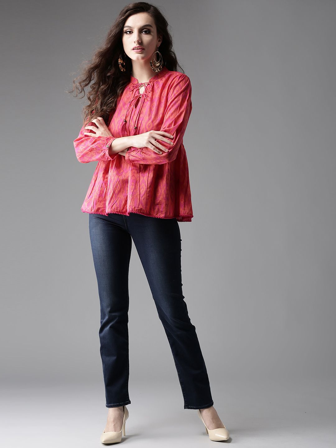 Dhimhi Women's Pink & Orange Printed A-Line Top