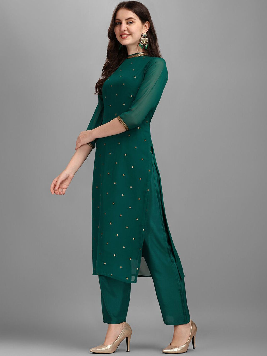 Dhimhi Women's Floral Embroidered Sequinned Kurta With Trouser