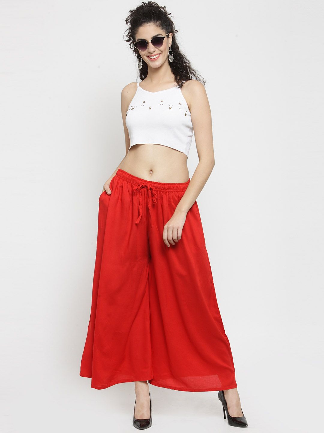 Dhimhi Women's Red Solid Flared Palazzos