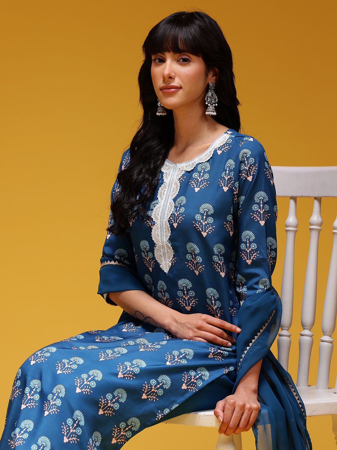 Dhimhi Women's Printed Lace Inserts Gotta Patti Kurta with Trousers & Dupatta