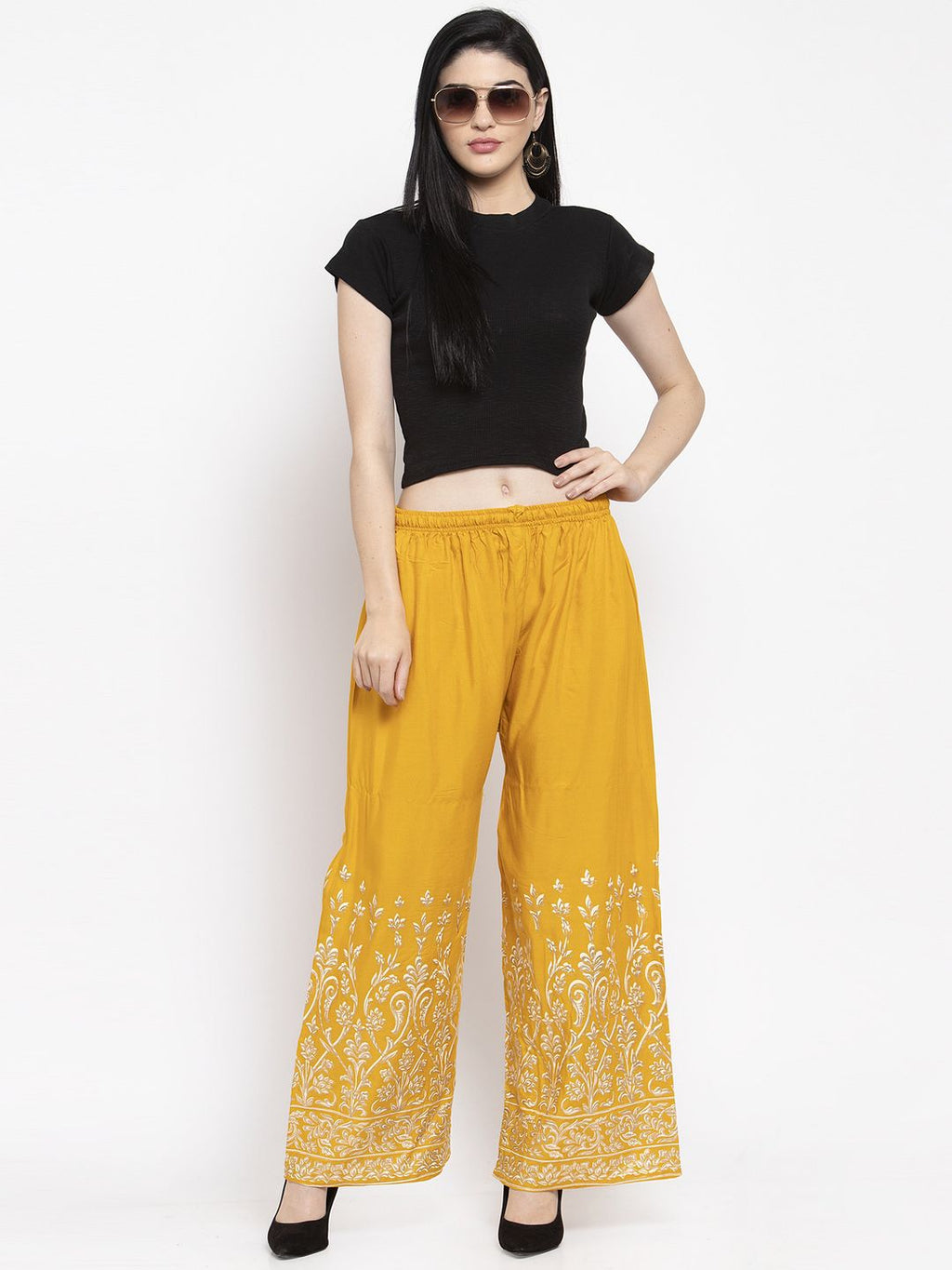 Dhimhi Women's Mustard Yellow Printed Wide Leg Palazzos