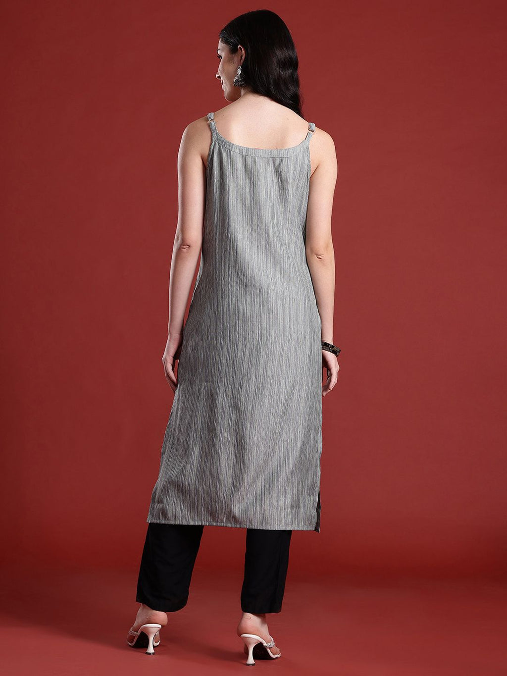 Shoulder Straps Striped Straight Kurta