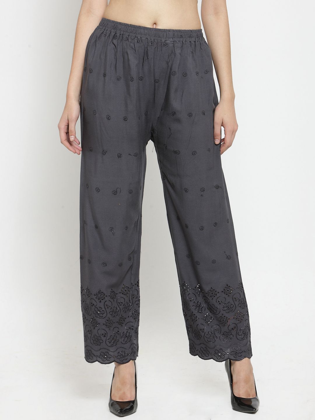 Dhimhi Women's Grey Straight Embroidered Palazzos