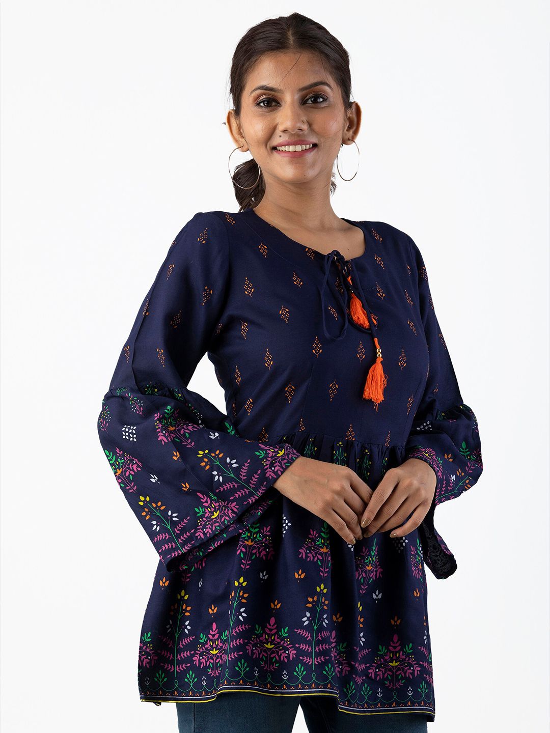 Dhimhi Women's Blue Floral Print Tie-Up Neck Indigo Empire Top
