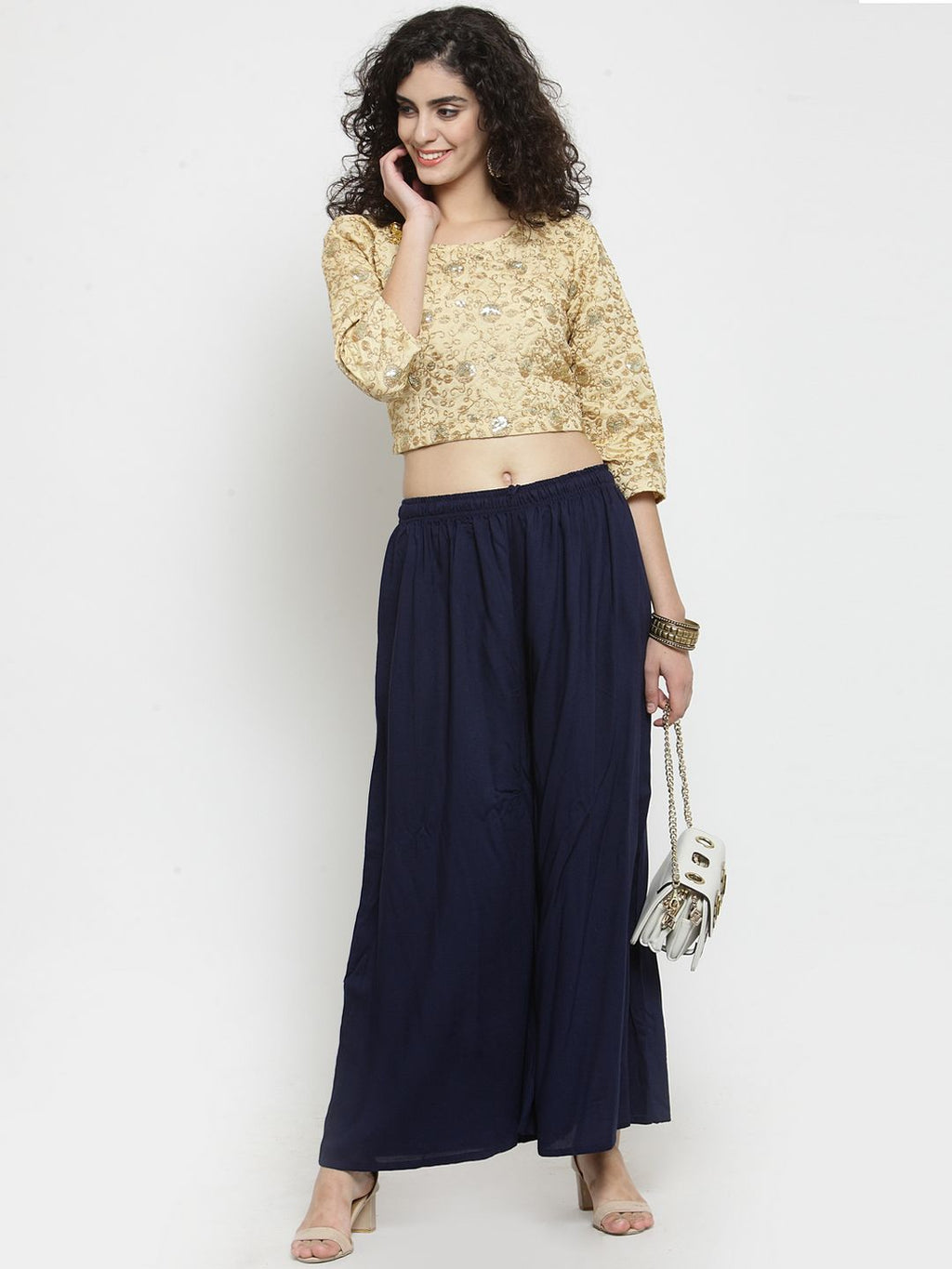 Dhimhi Women's Navy Blue Solid Flared Palazzos