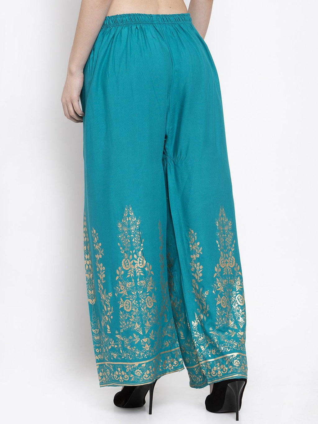 Dhimhi Women's Teal Blue Printed Wide Leg Palazzos