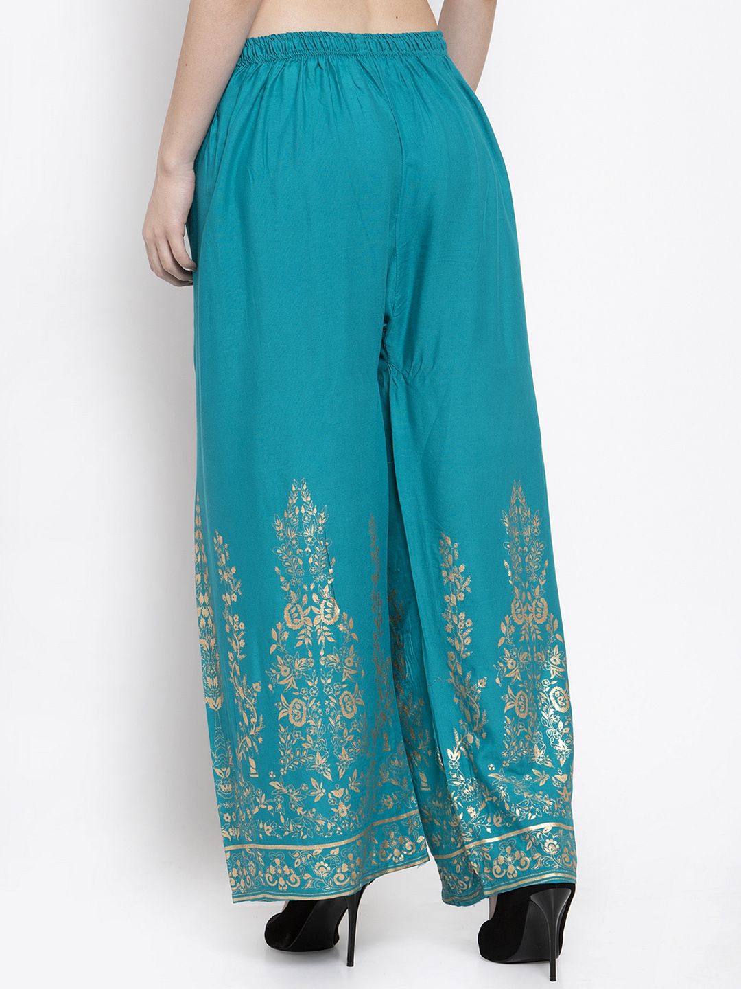 Dhimhi Women's Teal Blue Printed Wide Leg Palazzos