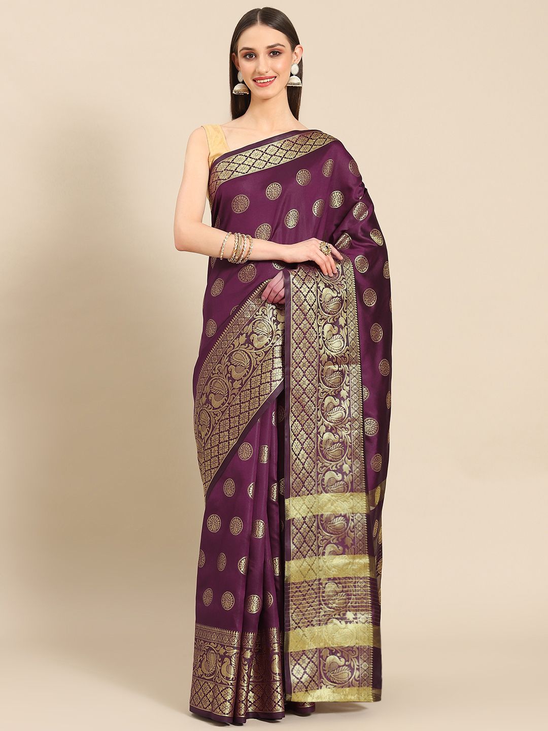 Dhimhi Women's Magenta & Gold-Toned Woven Design Zari Fusion Banarasi Saree