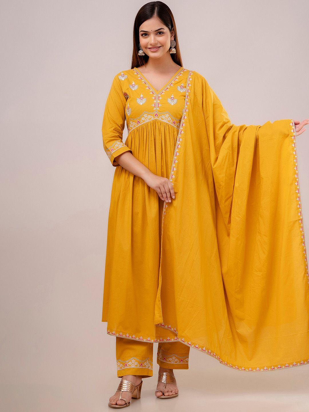 Dhimhi Women's Yellow Floral Embroidered Pure Cotton Empire Kurta With Trouser & Dupatta