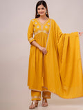 Dhimhi Women's Yellow Floral Embroidered Pure Cotton Empire Kurta With Trouser & Dupatta