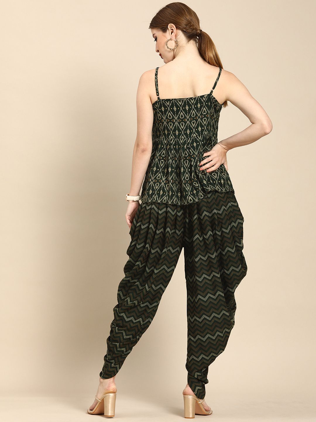 Dhimhi Women's Olive Green Ethnic Motifs Printed Empire Kurti with Dhoti Pants