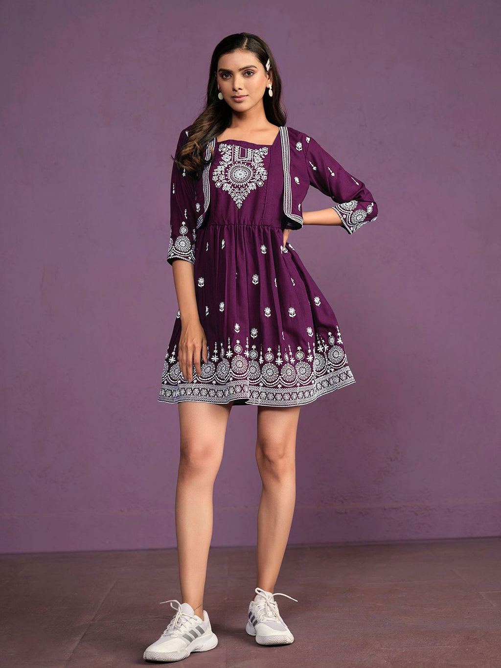 Dhimhi Women's Chikankari Embroidered Fit & Flare Ethnic Dress