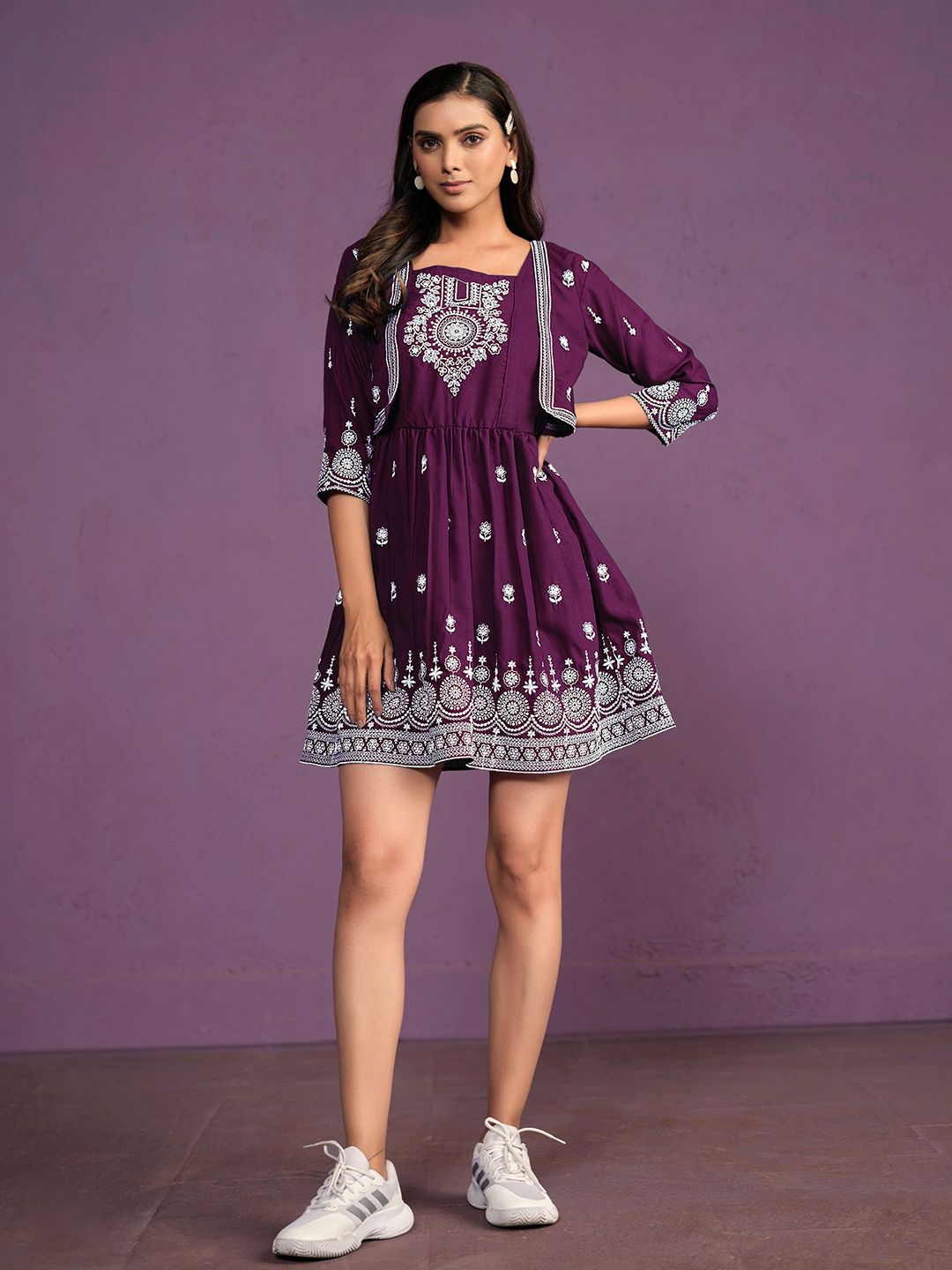 Dhimhi Women's Chikankari Embroidered Fit & Flare Ethnic Dress