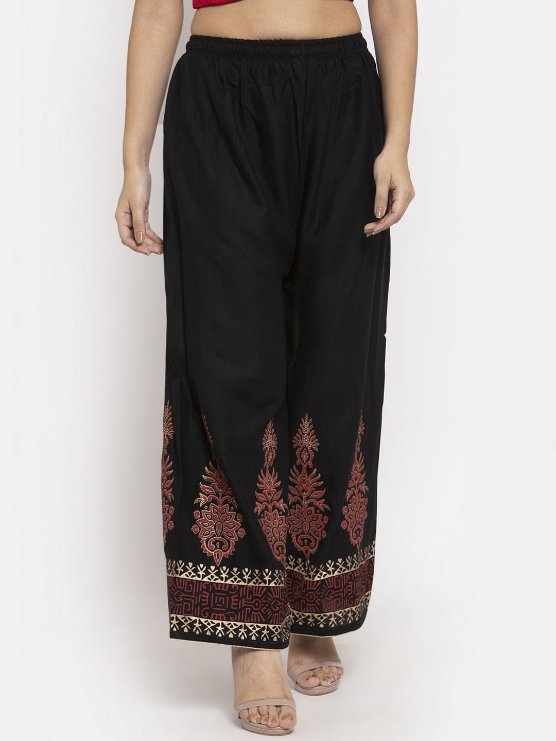 Dhimhi Women's Black Hem Design Straight Palazzos