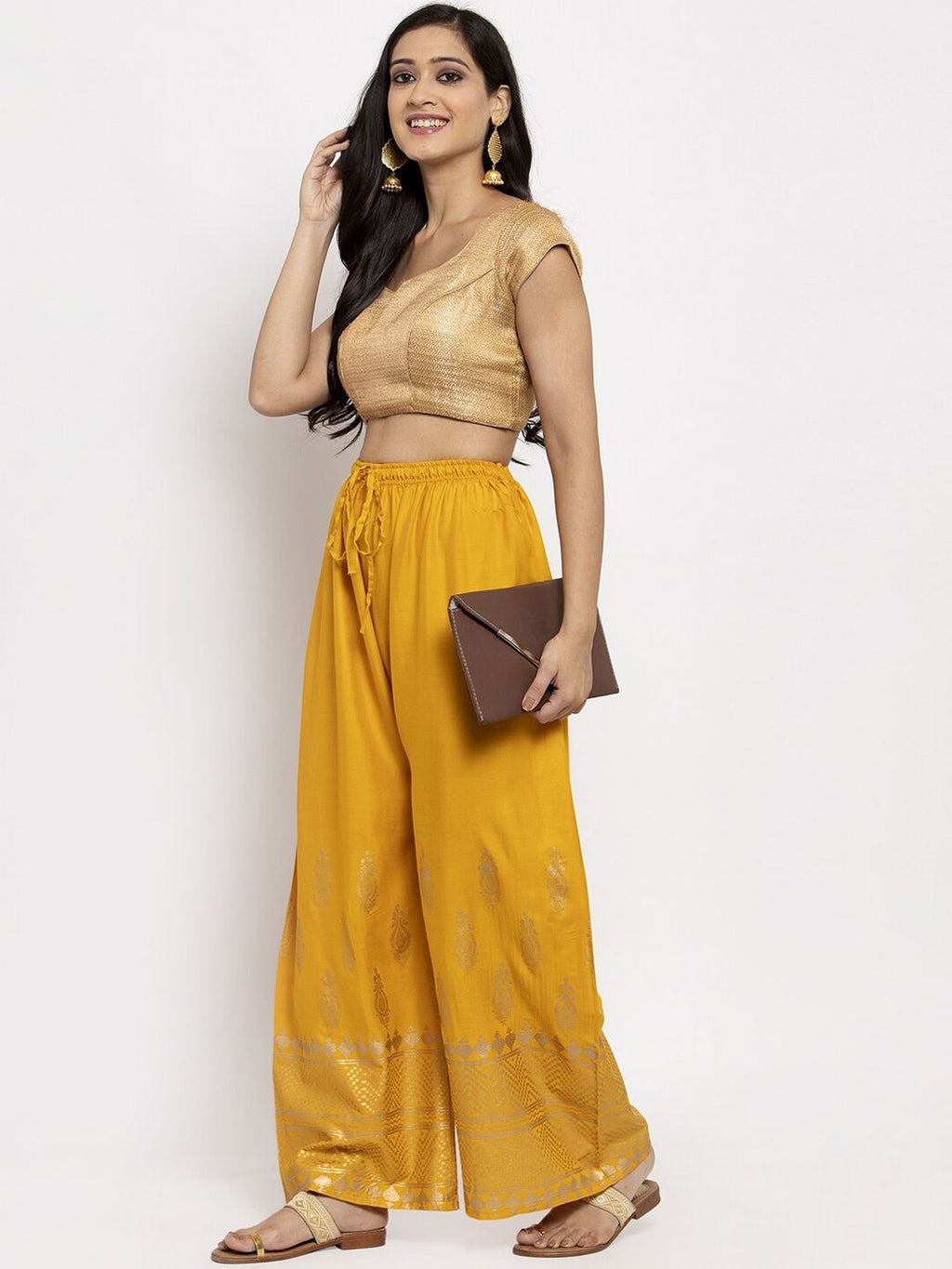 Dhimhi Women's Mustard Yellow Printed Straight Palazzos