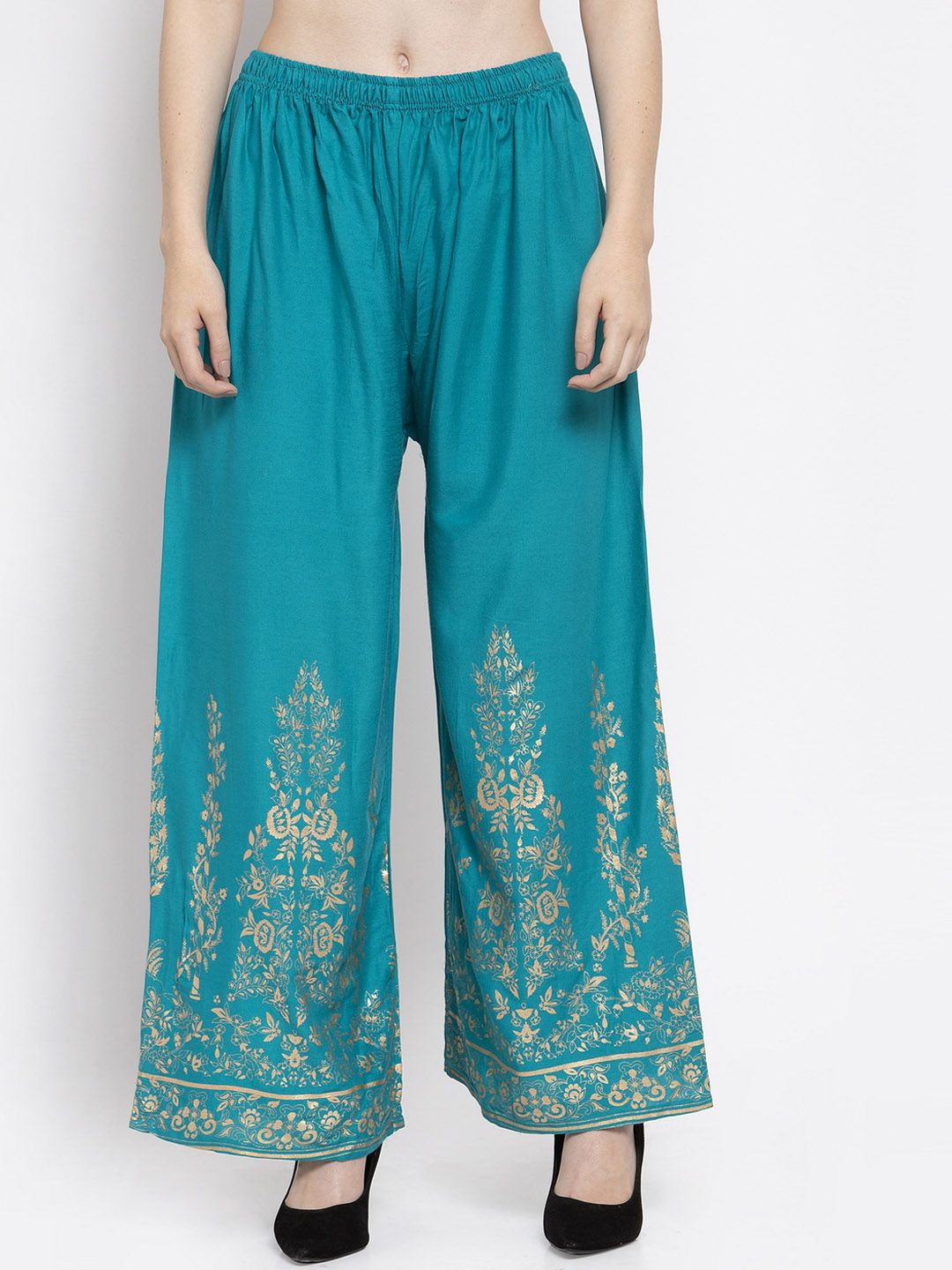 Dhimhi Women's Teal Blue Printed Wide Leg Palazzos