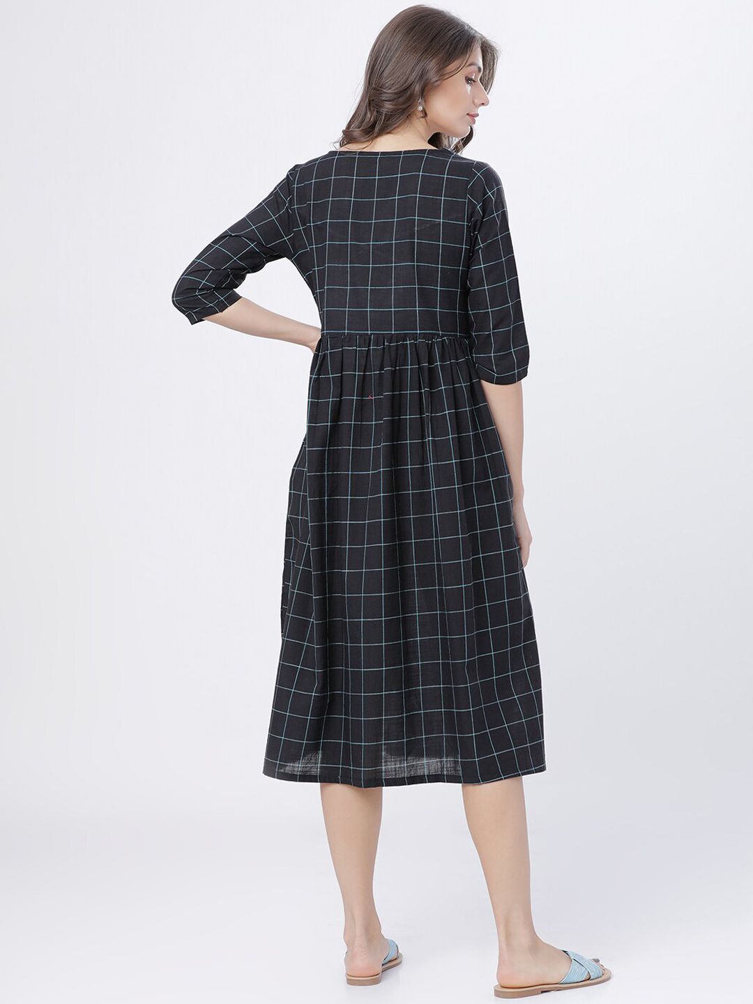 Dhimhi Women's Black Checked Fit and Flare Dress