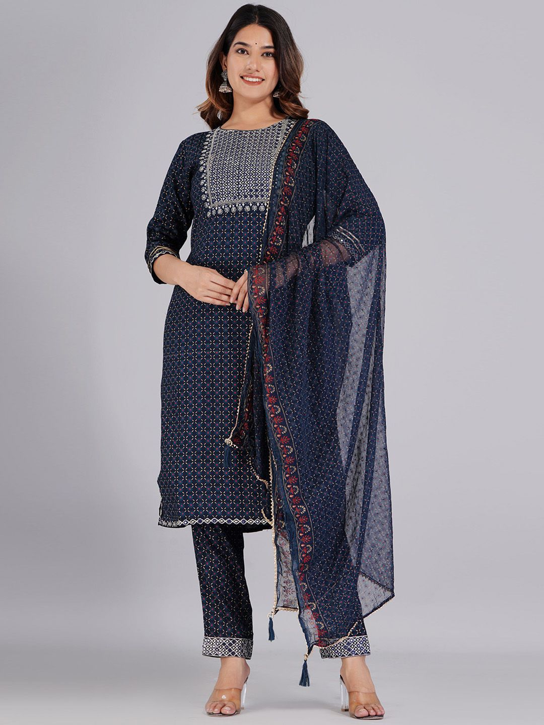 Dhimhi Women's Ethnic Motifs Printed Mirror Work Kurta With Trousers & Dupatta