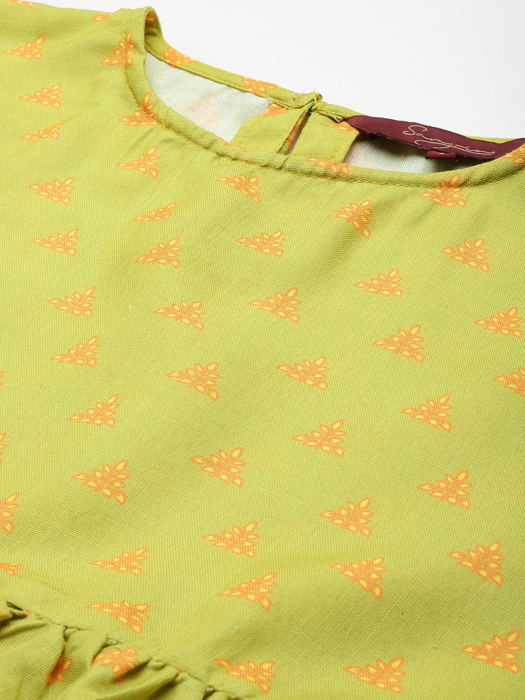 Dhimhi Women's Lime Green Ethnic Motif Bell Sleeve Top