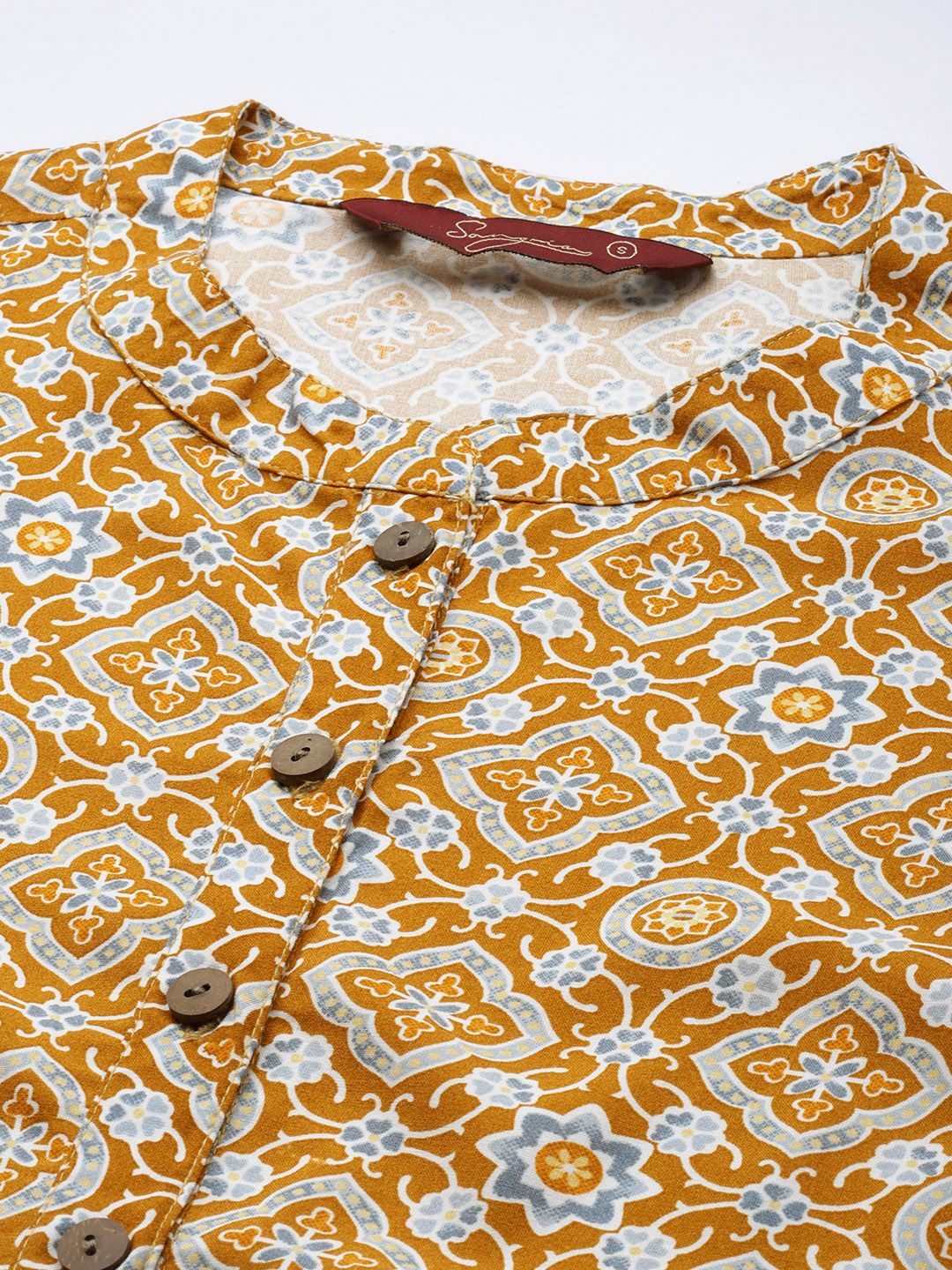 Women Mustard Yellow & Blue Printed Kurta