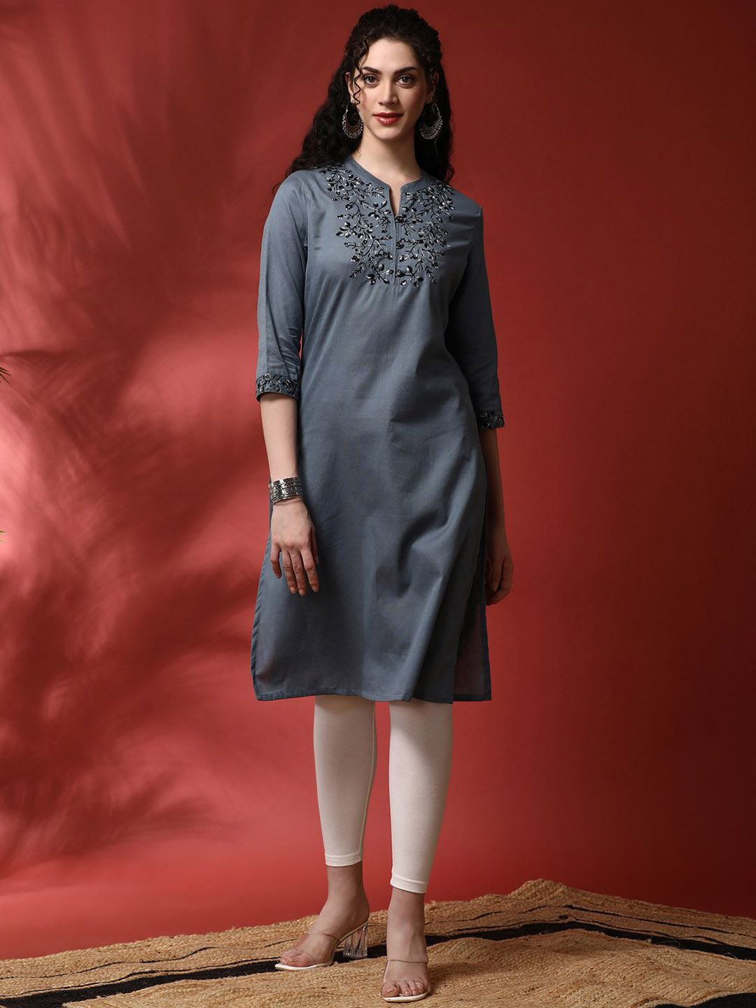 Floral Yoke Design Mandarin Collar Pure Cotton Straight Kurta