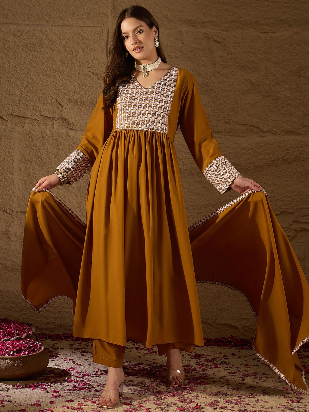 Dhimhi Women's Yoke Design Empire Sequinned Kurta with Trousers & With Dupatta