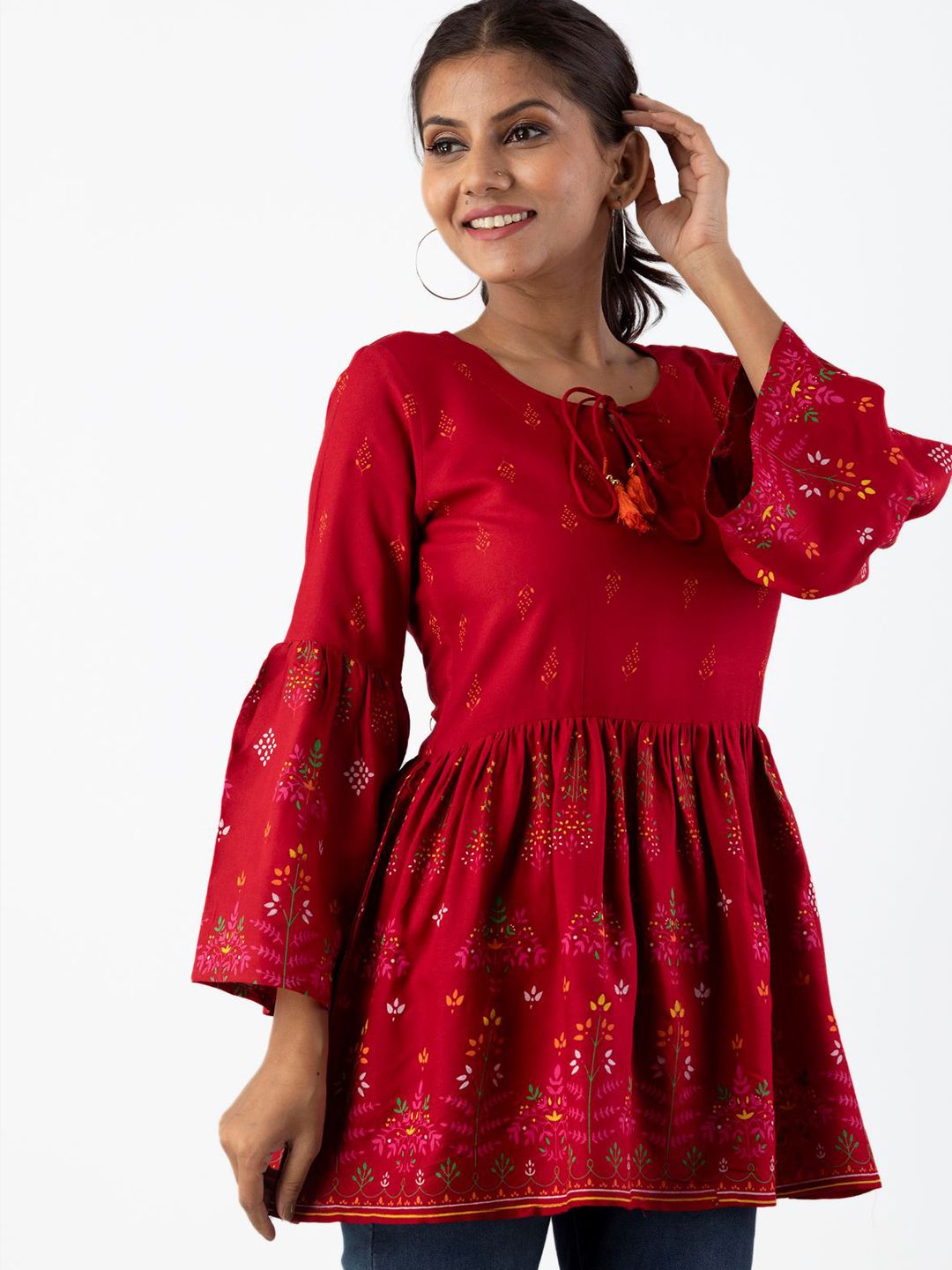 Dhimhi Women's Red Indigo Empire Longline Top