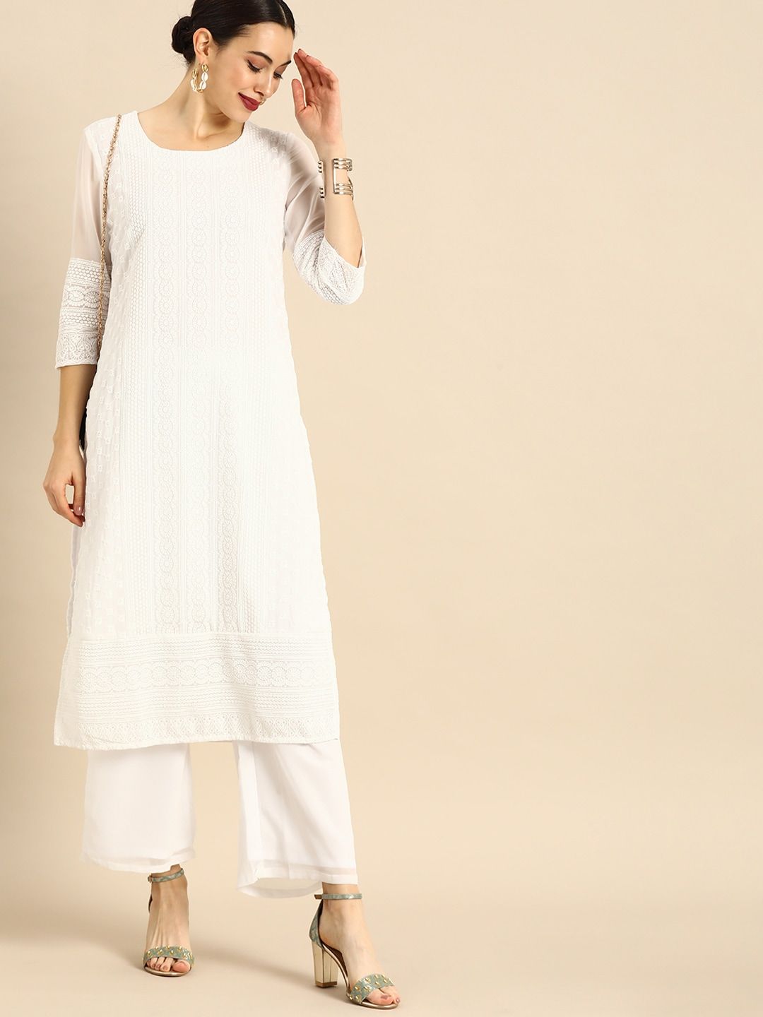 Dhimhi Women's White Chikankari Embroidered Kurta with Palazzos