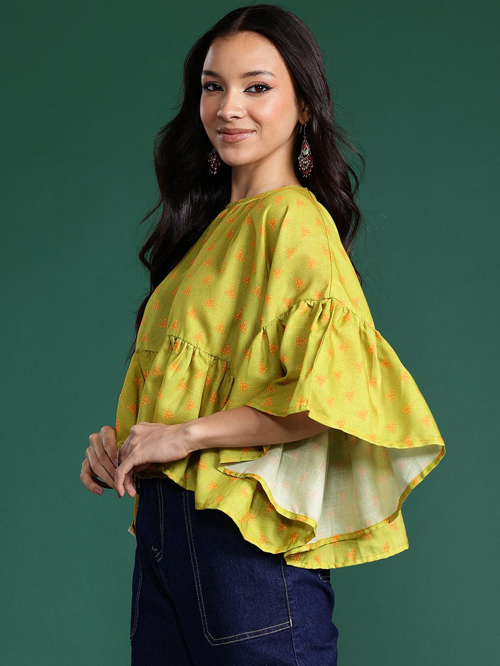 Dhimhi Women's Lime Green Ethnic Motif Bell Sleeve Top