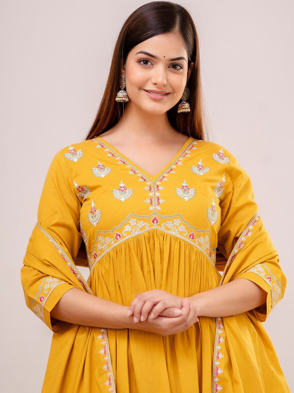 Dhimhi Women's Yellow Floral Embroidered Pure Cotton Empire Kurta With Trouser & Dupatta