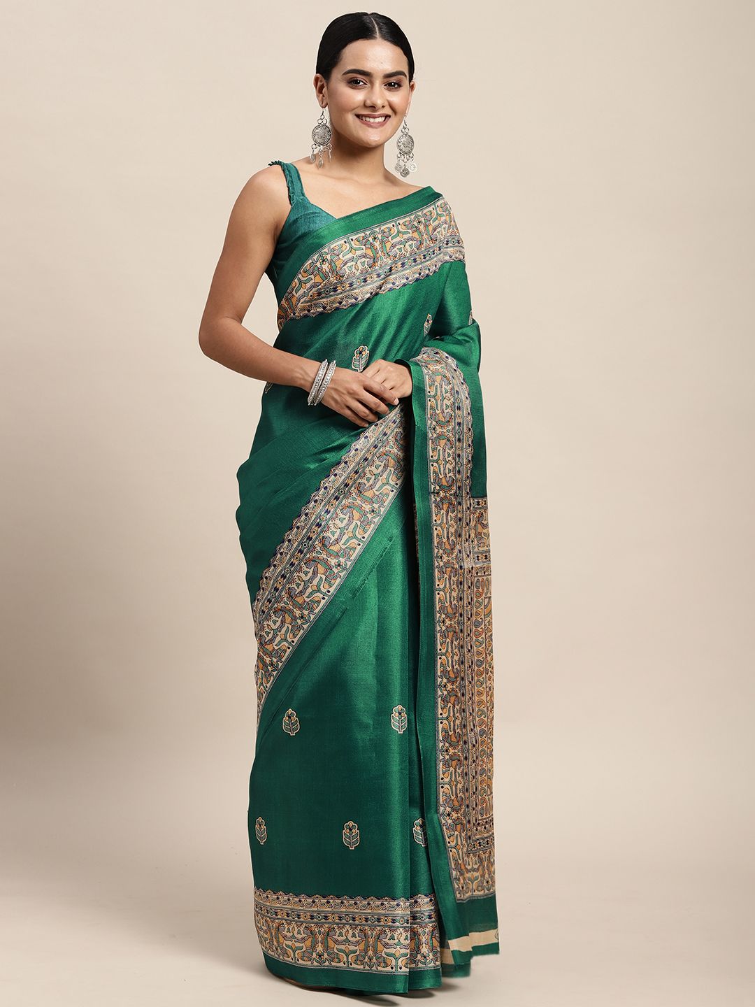 Dhimhi Women's Teal & Grey Ethnic Motifs Print Silk Blend Saree