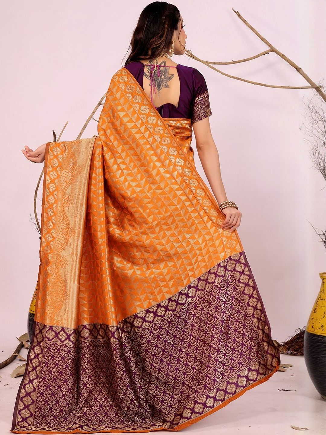 Dhimhi Women's Orange Woven Design Silk Cotton Kanjeevaram Sarees