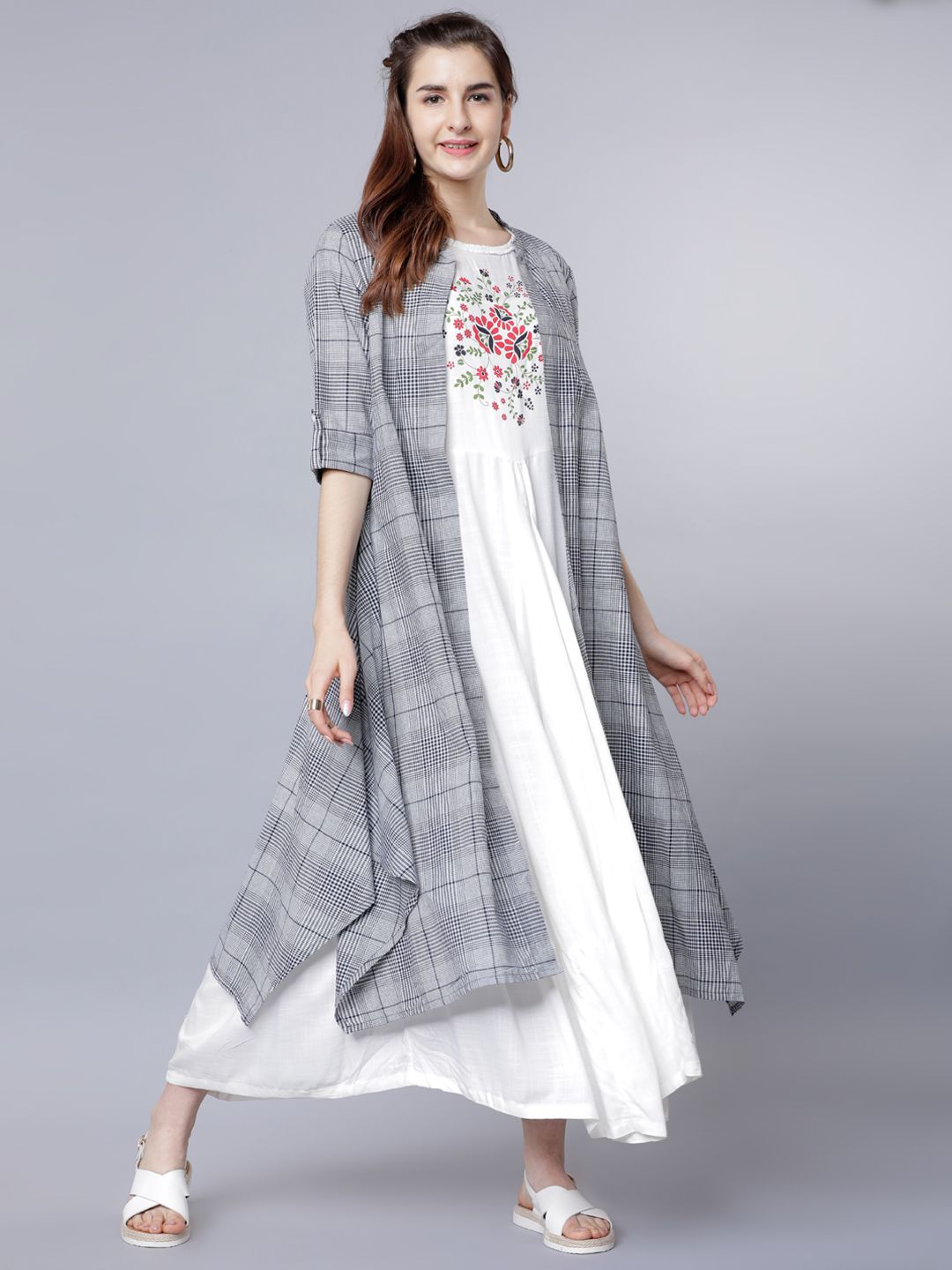 Dhimhi Women's White & Navy Blue Floral Layered Ethnic A-Line Maxi Dress With Jacket
