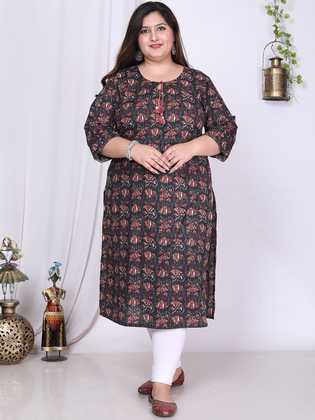 Plus Size Floral Printed Tie Up Neck Pure Cotton Kurta