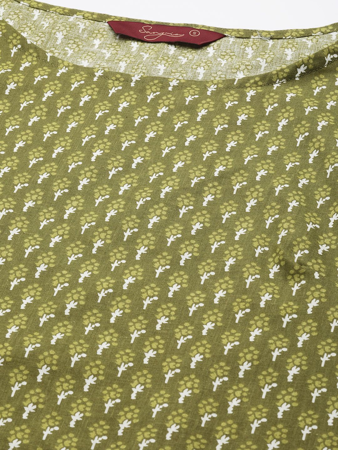 Dhimhi Women's Olive Green Ethnic Motifs Printed Regular Pure Cotton Kurta with Trousers