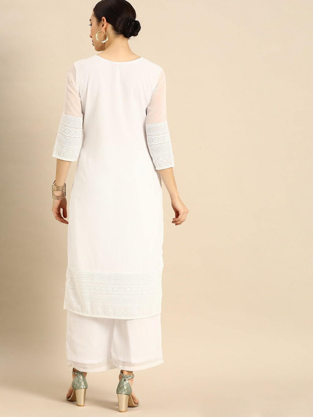 Dhimhi Women's White Chikankari Embroidered Kurta with Palazzos