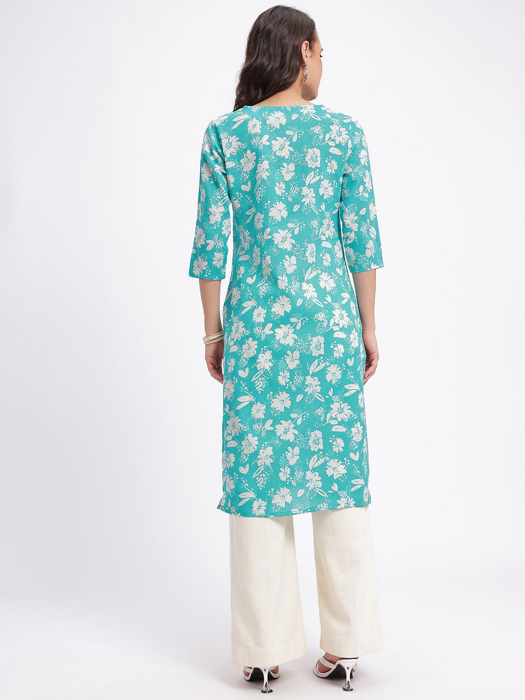 Floral Printed V-Neck Calf Length Kurta