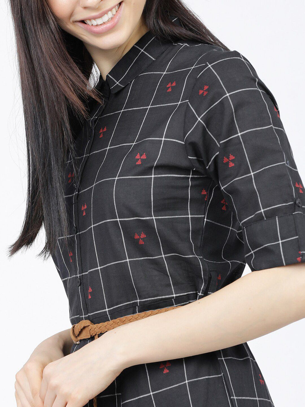 Dhimhi Women's Black & White Checked Shirt Midi Shirt Dress With Belt