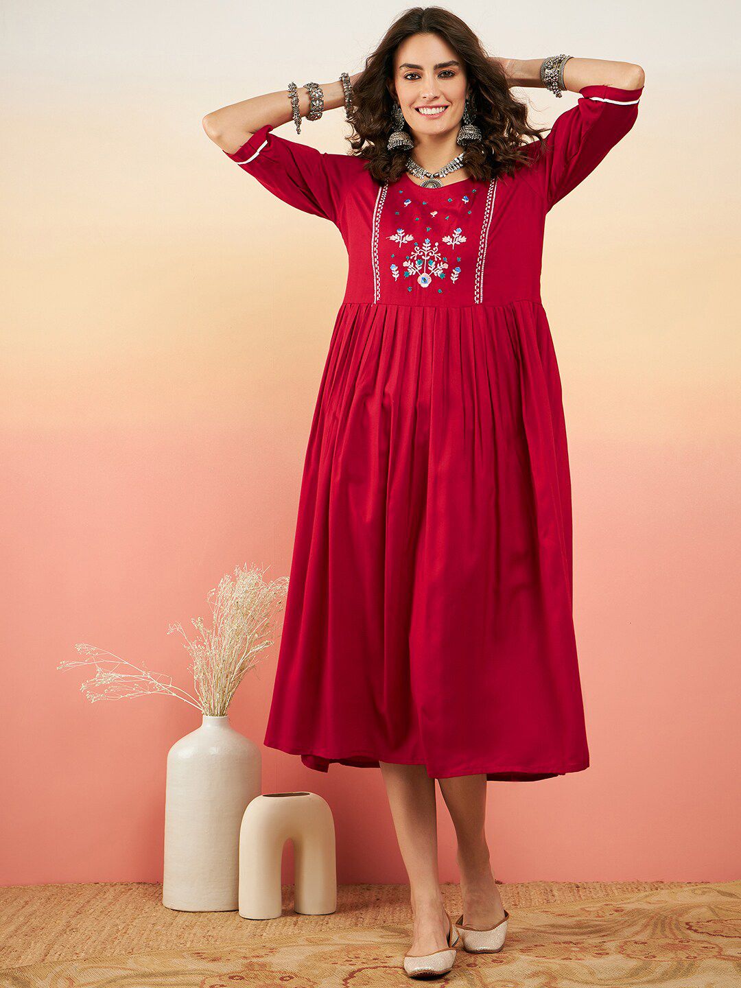 Dhimhi Women's Floral Embroidered Fit & Flared Dress