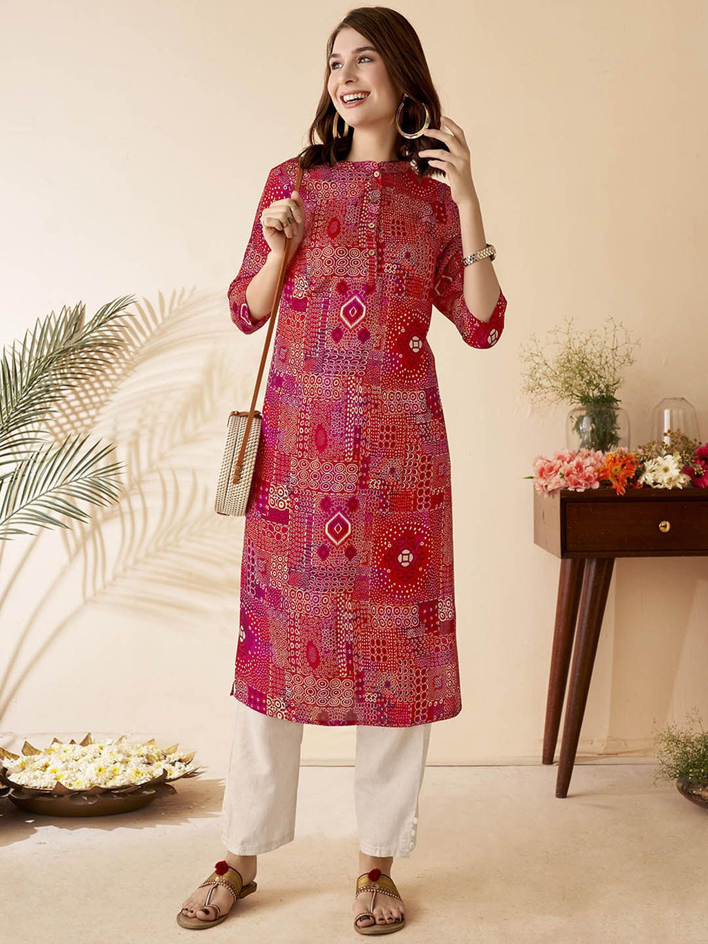 Abstract Printed Band Collar Straight Kurta