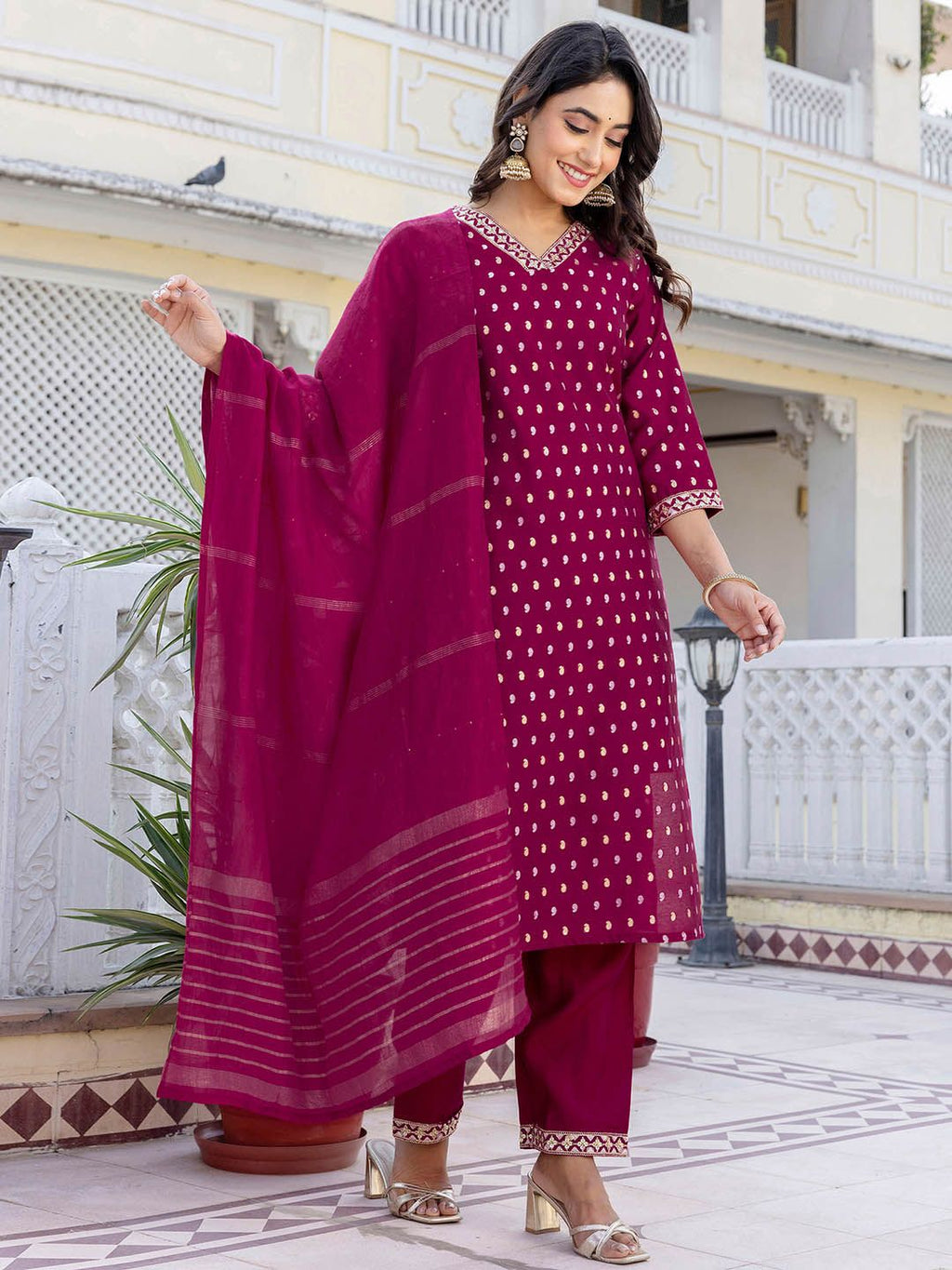 Dhimhi women's paisley embroidered sequinned straight kurta set with matching trousers and dupatta, featuring intricate embroidery.