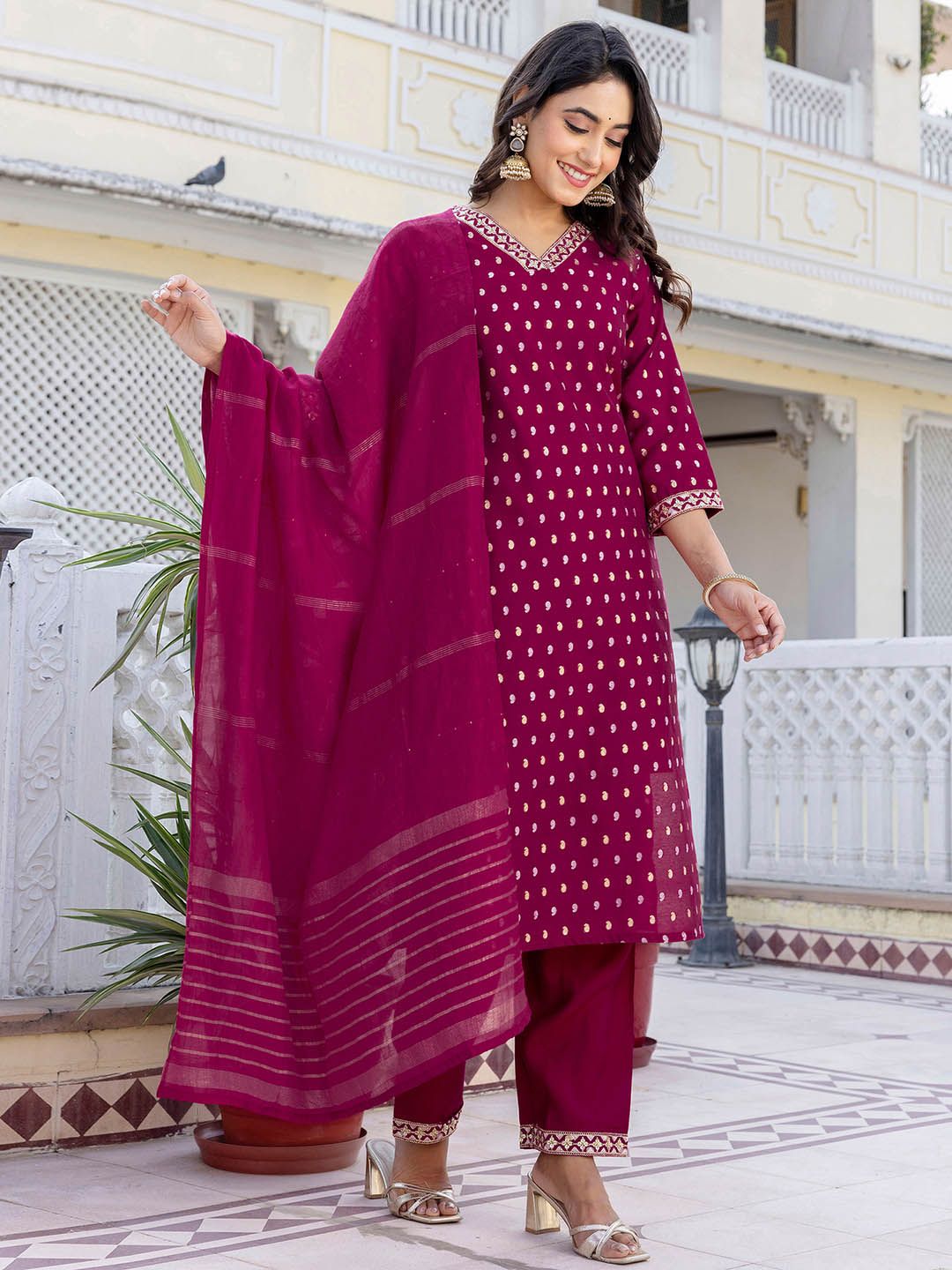 Dhimhi women's paisley embroidered sequinned straight kurta set with matching trousers and dupatta, featuring intricate embroidery.
