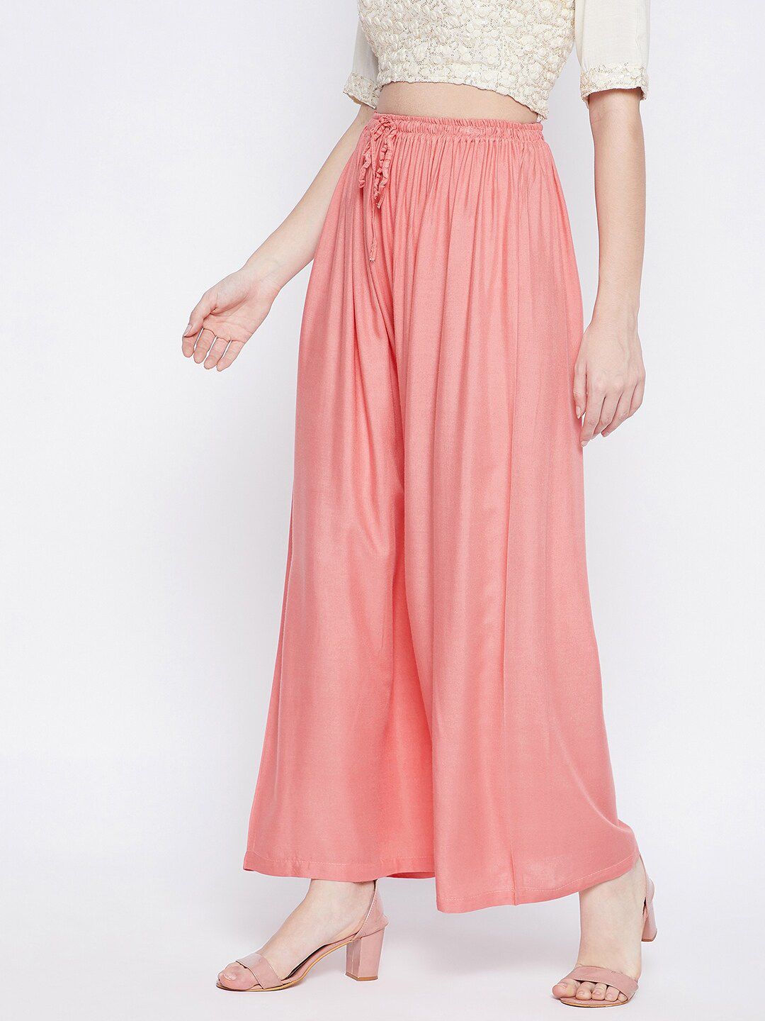 Dhimhi Women's Peach-Coloured Flared Palazzos