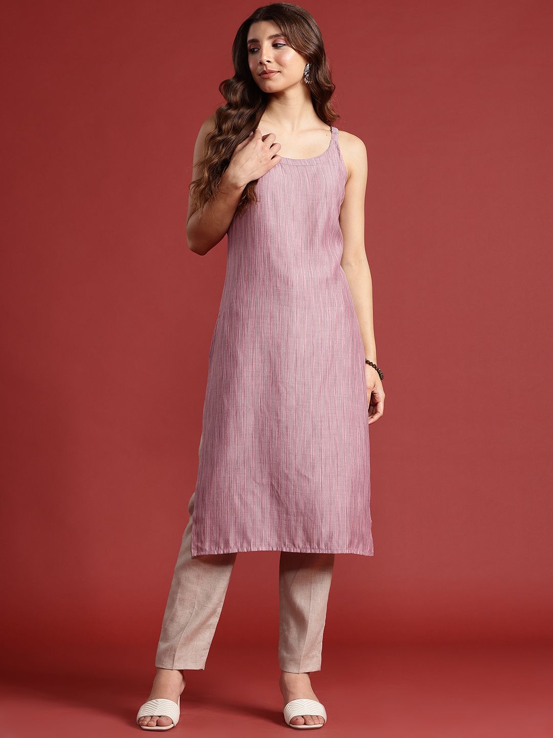 Shoulder Straps Woven Design Striped Straight Kurta