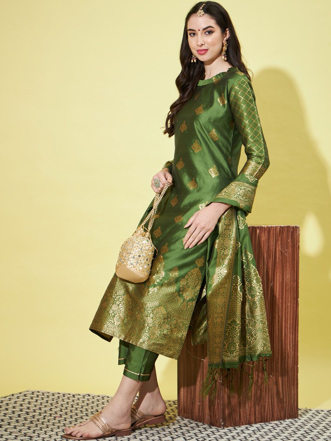 Dhimhi Women's Woven Design Jacquard Kurta with Trousers & With Dupatta