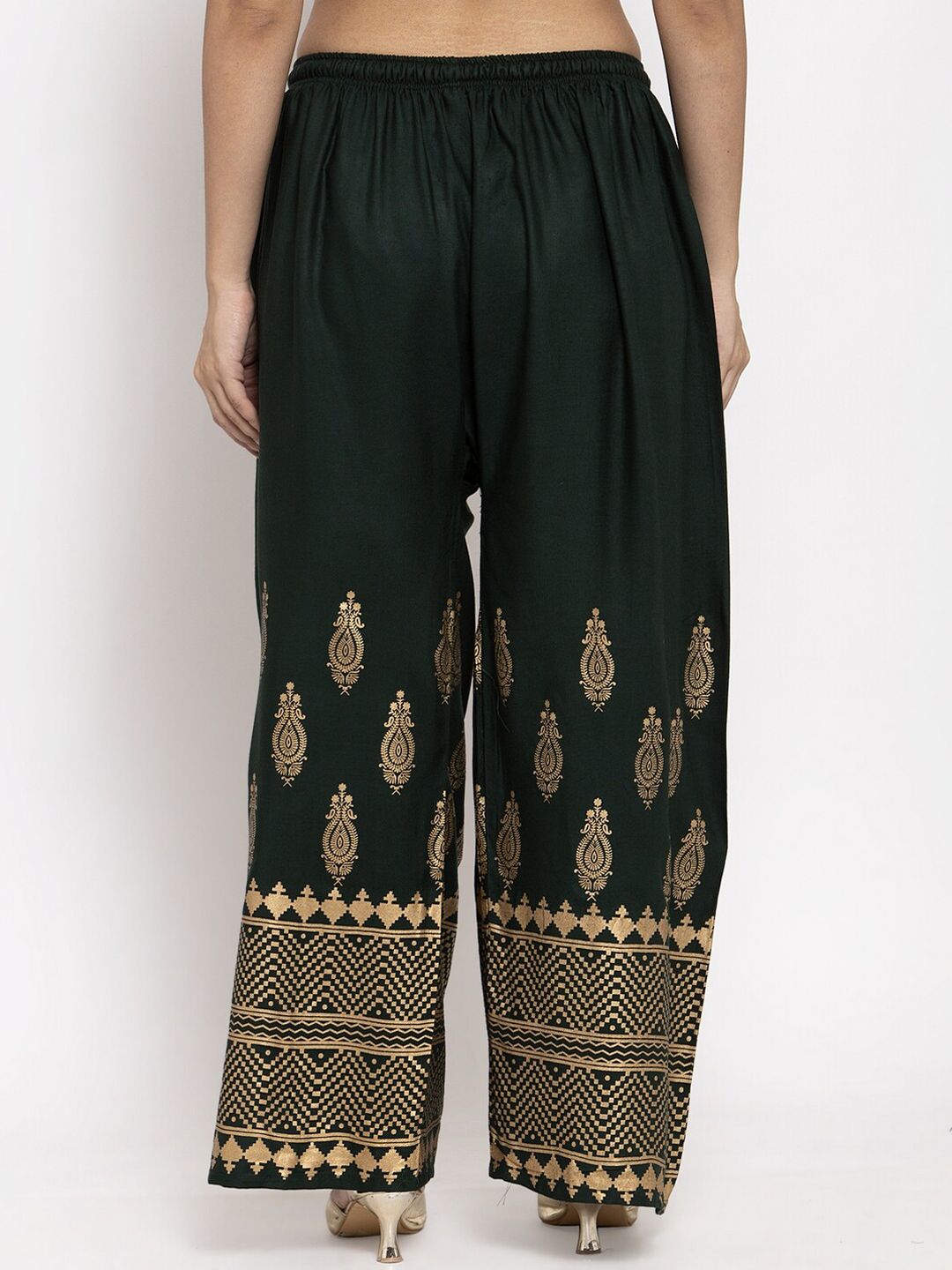 Dhimhi Women's Green & Gold-Coloured Floral Printed Straight Palazzos