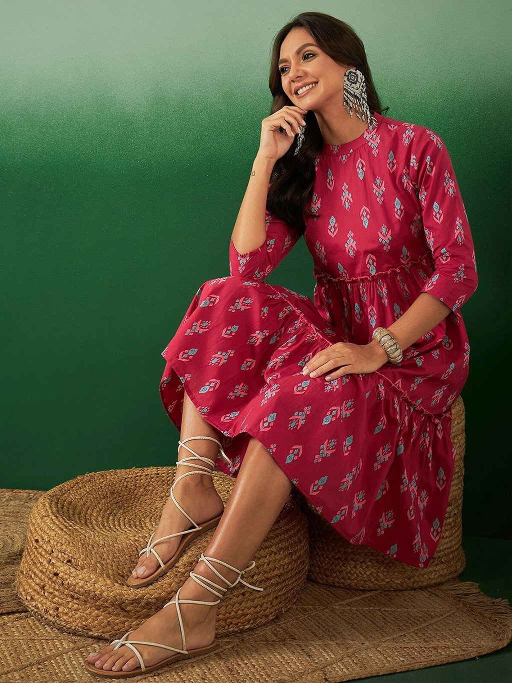Dhimhi Women's Ethnic Motifs Printed Frilled Tiered Cotton Ethnic Dress