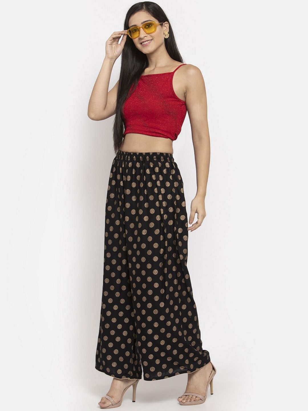 Dhimhi Women's Black & Gold-Toned Polka Dot Print Wide Leg Palazzos