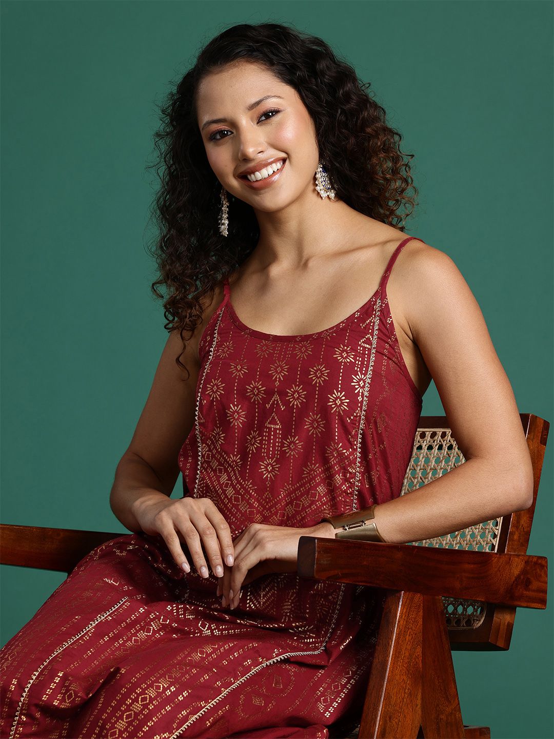 Dhimhi Women's Ethnic Foil Printed Shoulder Straps Pure Cotton Kurta Set