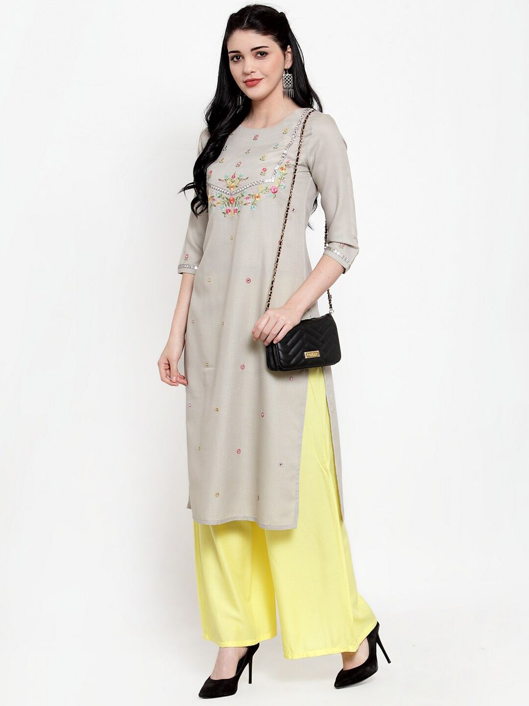 Dhimhi Women's Yellow Solid Flared Ethnic Palazzos
